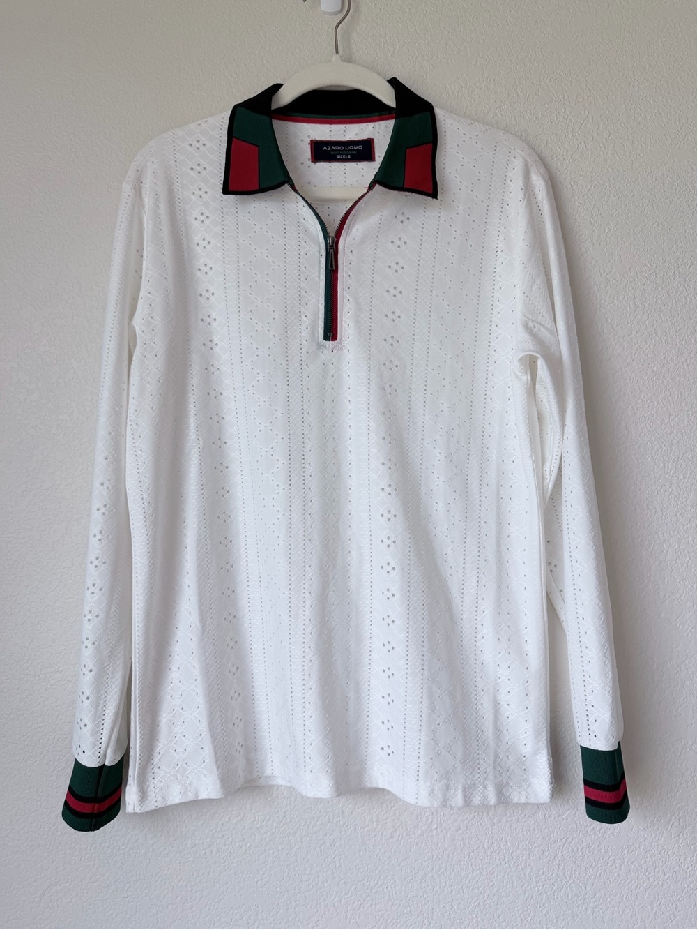 Azaro Uomo Eyelet Knit Quarter Zip Polo White Red Green Unisex Size S